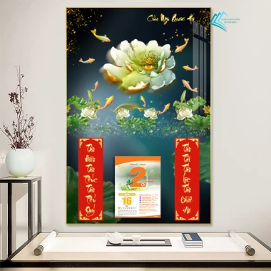 Lịch Tết tráng gương 2.026 Cửu Ngư Quần Hội 40x60cm - Treo tường, khung viền bo, tặng Bloc 2