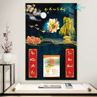 Lịch Tết tráng gương 2.026 Cửu Ngư Quần Hội 40x60cm - Treo tường, khung viền bo, tặng Bloc 3