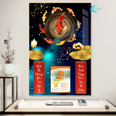 Lịch Tết tráng gương 2.026 Cửu Ngư Quần Hội 40x60cm - Treo tường, khung viền bo, tặng Bloc 4