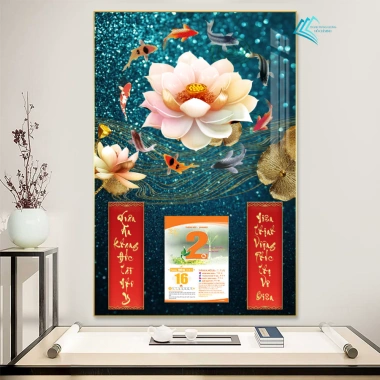 Lịch Tết tráng gương 2.026 Cửu Ngư Quần Hội 40x60cm - Treo tường, khung viền bo, tặng Bloc 5