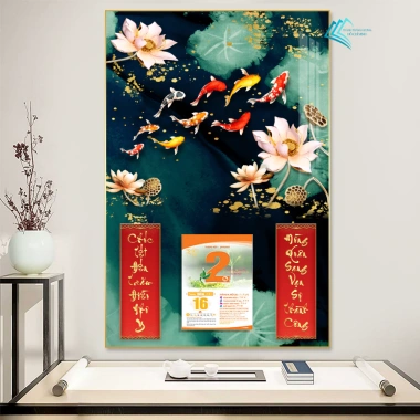 Lịch Tết tráng gương 2.026 Cửu Ngư Quần Hội 40x60cm - Treo tường, khung viền bo, tặng Bloc 6