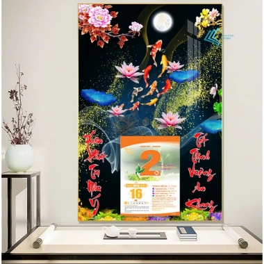 Lịch Tết tráng gương 2.026 Cửu Ngư Quần Hội 40x60cm - Treo tường, khung viền bo, tặng Bloc 7