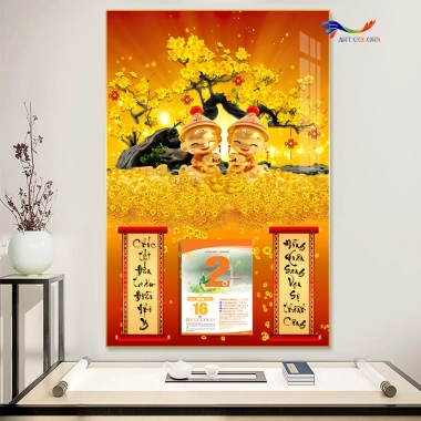 Lịch tráng gương 2.026 Binh Ngọ Hoa Mai Phú Quý - Mẫu mới hiện đại, treo tường 40x60cm, bo viền 9mm, kèm lốc lịch