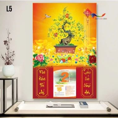 Lịch tráng gương 2.026 Binh Ngọ Hoa Mai Phú Quý - Mẫu mới hiện đại, treo tường 40x60cm, bo viền 9mm, kèm lốc lịch