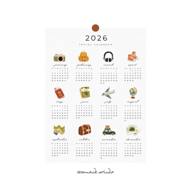 Lịch treo tường 2.026 30x40cm - Du lịch, làm bánh, làm vườn, giấy cứng cáp, chỉ 58.000 VNĐ