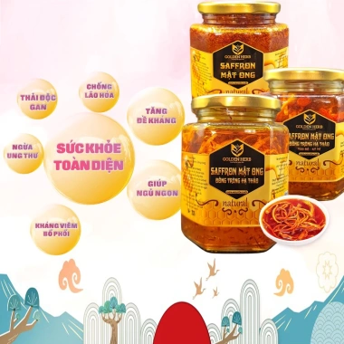 Lọ 380ml Mật ong ngâm Saffron Đông trùng hạ thảo, Táo đỏ, Kỷ tử - Giá chỉ 450k