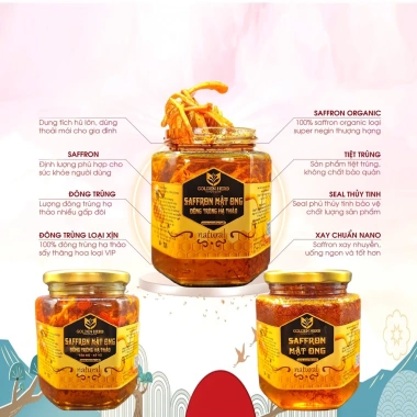 Lọ 380ml Mật ong ngâm Saffron Đông trùng hạ thảo, Táo đỏ, Kỷ tử - Giá chỉ 450k