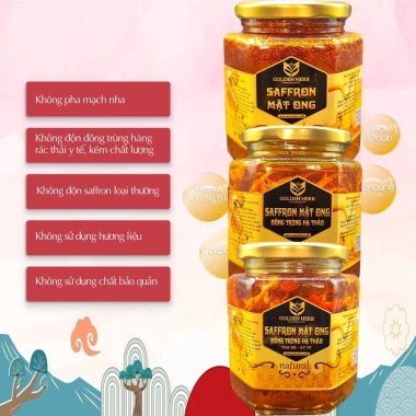Lọ 380ml Mật ong ngâm Saffron Đông trùng hạ thảo, Táo đỏ, Kỷ tử - Giá chỉ 450k