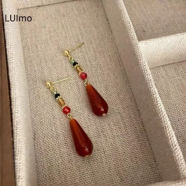LUImo Bộ Trang Sức Hanfu Trung Hoa - Bông Tai Dân Tộc Retrô, Dây Chuyền Giọt Nước Đỏ, Giá chỉ 44.220 VND