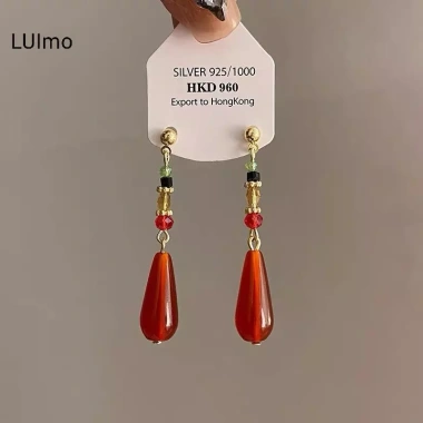 LUImo Bộ Trang Sức Hanfu Trung Hoa - Bông Tai Dân Tộc Retrô, Dây Chuyền Giọt Nước Đỏ, Giá chỉ 44.220 VND
