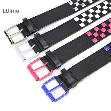 Luimo Cá Tính Đinh Tán Checkerboard Dây Da 107cm Nam Nữ SBS Punk Thắt Lưng 2