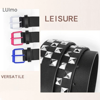 Luimo Cá Tính Đinh Tán Checkerboard Dây Da 107cm Nam Nữ SBS Punk Thắt Lưng 4