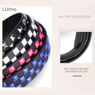 Luimo Cá Tính Đinh Tán Checkerboard Dây Da 107cm Nam Nữ SBS Punk Thắt Lưng 5