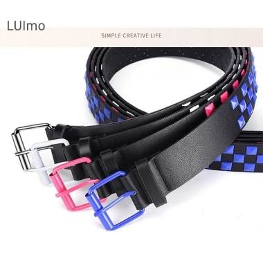 Luimo Cá Tính Đinh Tán Checkerboard Dây Da 107cm Nam Nữ SBS Punk Thắt Lưng 7
