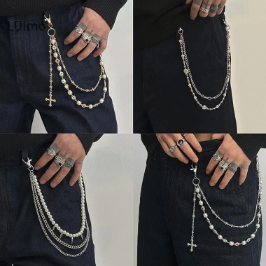 LUImo Dây Chuyền Giả Ngọc Trai Chữ Thập Hip Hop Phụ Kiện Quần Xích Sang Trọng 2