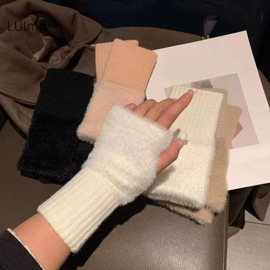 Luimo Giả Chồn Lông Cừu Mềm Mại Nửa Ngón Găng Tay Nữ Ấm Áp Sang Trọng SBS