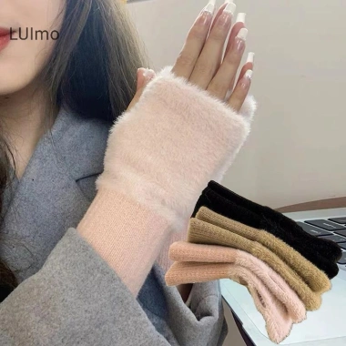 Luimo Giả Chồn Lông Cừu Mềm Mại Nửa Ngón Găng Tay Nữ Ấm Áp Sang Trọng SBS