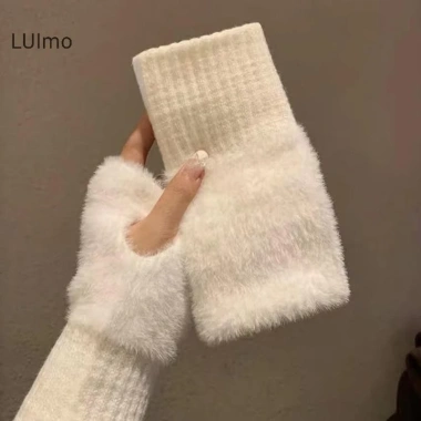 Luimo Giả Chồn Lông Cừu Mềm Mại Nửa Ngón Găng Tay Nữ Ấm Áp Sang Trọng SBS