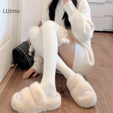 Luimo Nhật Bản Trắng Dễ Thương Thu Đông Plus Nhung Tất Cao Lông Cừu Cạnh Len Sọc Đầu Gối Bóng Ống Dài Giá chỉ 78.408đ