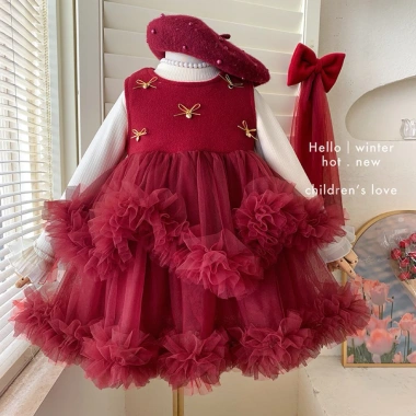Lương Bùi Kids Set Váy Công Chúa Dạ Đỏ Lót Nhung + Áo Nỉ Xinh Noel Bé Gái 304k