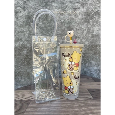 Ly giữ nhiệt gấu dâu 750ml tặng nút bịt ống hút, nút chống tràn, túi trong, ống hút - chỉ 113.000đ