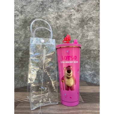 Ly giữ nhiệt gấu dâu 750ml tặng nút bịt ống hút, nút chống tràn, túi trong, ống hút - chỉ 113.000đ