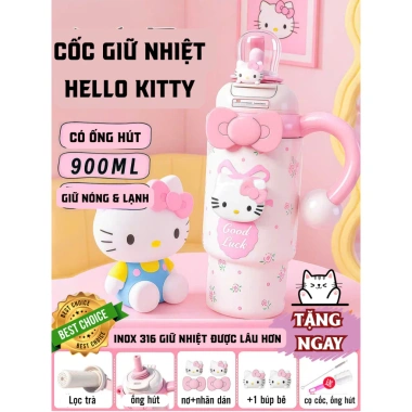 Ly Giữ Nhiệt Hello Kitty 900ml Inox 316, 8-10h, kèm ống hút, dễ thương cho nữ sinh viên