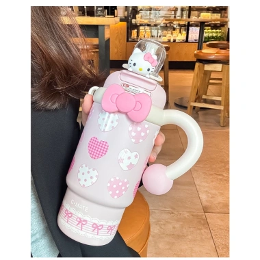 Ly Giữ Nhiệt Hello Kitty 900ml Inox 316, 8-10h, kèm ống hút, dễ thương cho nữ sinh viên