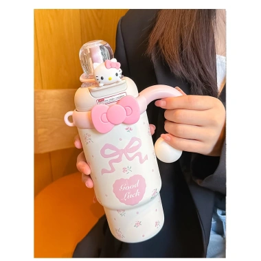 Ly Giữ Nhiệt Hello Kitty 900ml Inox 316, 8-10h, kèm ống hút, dễ thương cho nữ sinh viên