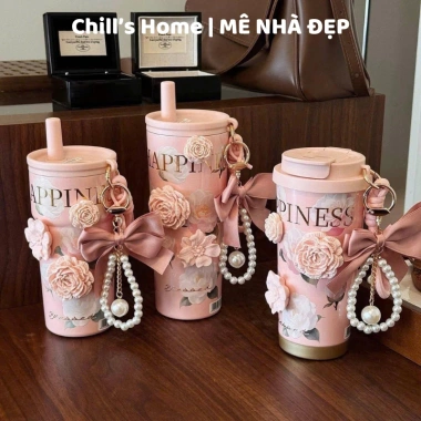 Ly giữ nhiệt hoa hồng sticker 3D, cốc inox 316 tráng men sứ, giữ nhiệt tốt - 505k