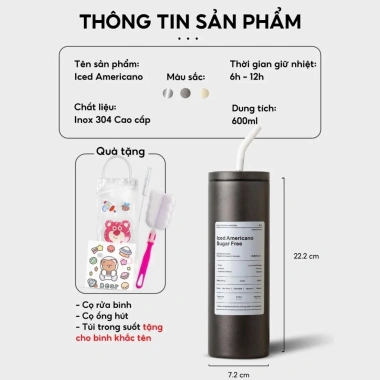 Ly giữ nhiệt Iced Americano 600ml inox khắc tên - Fan House tặng ống hút inox và cọ rửa