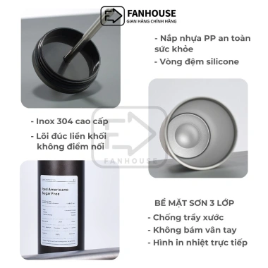 Ly giữ nhiệt Iced Americano 600ml inox khắc tên - Fan House tặng ống hút inox và cọ rửa