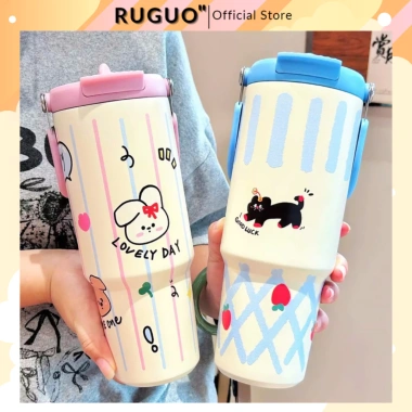 Ly giữ nhiệt MOCHI 900ml in hình động vật, ống hút, quai xách Hàn Quốc - 159k