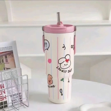 Ly giữ nhiệt MOCHI 900ml in hình động vật, ống hút, quai xách Hàn Quốc - 159k