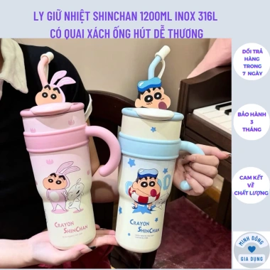Ly giữ nhiệt ShinChan 1.200ml inox 316L cao cấp, có quai xách, ống hút dễ thương - Giá chỉ 185.000₫