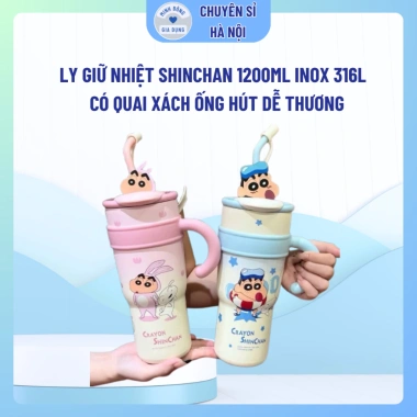 Ly giữ nhiệt ShinChan 1.200ml inox 316L, quai xách, ống hút dễ thương - Giá 185k