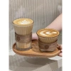 Ly thủy tinh 175ml-300ml cốc miệng loe sọc chịu nhiệt đai gỗ sang trọng cà phê trà