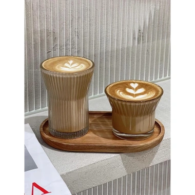 Ly thủy tinh 175ml-300ml cốc miệng loe sọc chịu nhiệt đai gỗ sang trọng cà phê trà