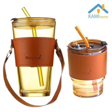 Ly thủy tinh 450ml có nắp và ống hút chịu nhiệt nóng lạnh - Giảm giá 25.000