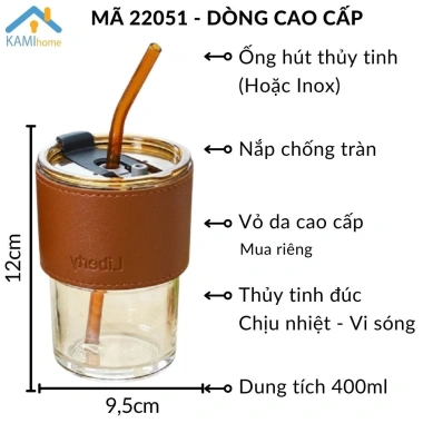 Ly thủy tinh 450ml có nắp và ống hút chịu nhiệt nóng lạnh - Giảm giá 25.000