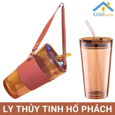 Ly thủy tinh 450ml có nắp và ống hút chịu nhiệt nóng lạnh - Giảm giá 25.000
