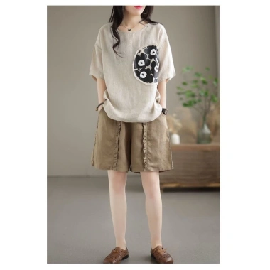M-3XL 2.023 Quần Short Nữ Cotton Retro Xếp Ly Co Giãn Eo Hậu Cung Vải Lanh Mùa Hè 6