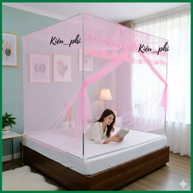 Màn khung vuông inox không khoan tường, mùng ngủ chống muỗi cửa vén thêu ren hoa mai, giảm 23%