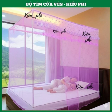 Màn khung vuông inox không khoan tường, mùng ngủ chống muỗi cửa vén thêu ren hoa mai, giảm 23%