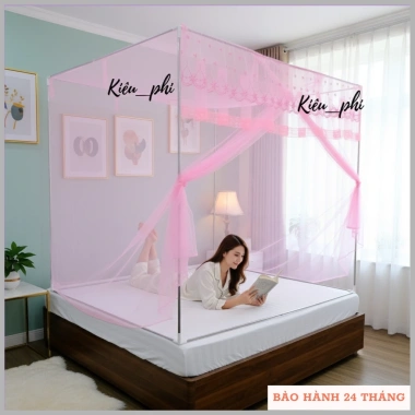 Màn mùng khung vuông inox 304 gấp gọn, cửa vén thông minh, thêu ren hoa mai, chống muỗi – Giá chỉ 114k