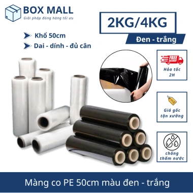 Màng PE quấn hàng khổ 50cm màu đen trắng 2kg/4kg - Giá ưu đãi 99.000đ (đã bao VAT)