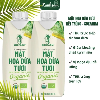 Mật hoa dừa tươi Sokfarm 330ml tiệt trùng Xanhsam Oranic giảm còn 50.000đ Mật hoa dừa tươi Sokfarm 330ml tiệt trùng Xanhsam Oranic giảm còn 50.000đ