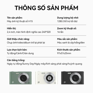 Máy ảnh kỹ thuật số H15CCD Mini 4K siêu mỏng, nhỏ gọn cho học sinh - Chính hãng 540.000₫
