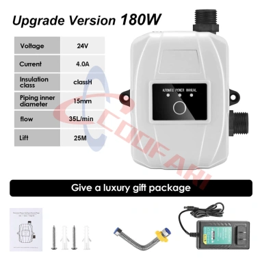 Máy bơm tăng áp 24V 180W mini cho bồn rửa nhà bếp, vòi nước nóng và vòi sen, dùng pin năng lượng, giá 539.999đ
