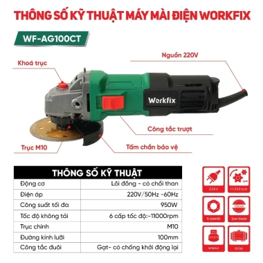 Máy cắt mài góc điện WORKFIX WF-AG100CT 6 tốc độ, khởi động mềm, chống khởi động lại - 539.000₫